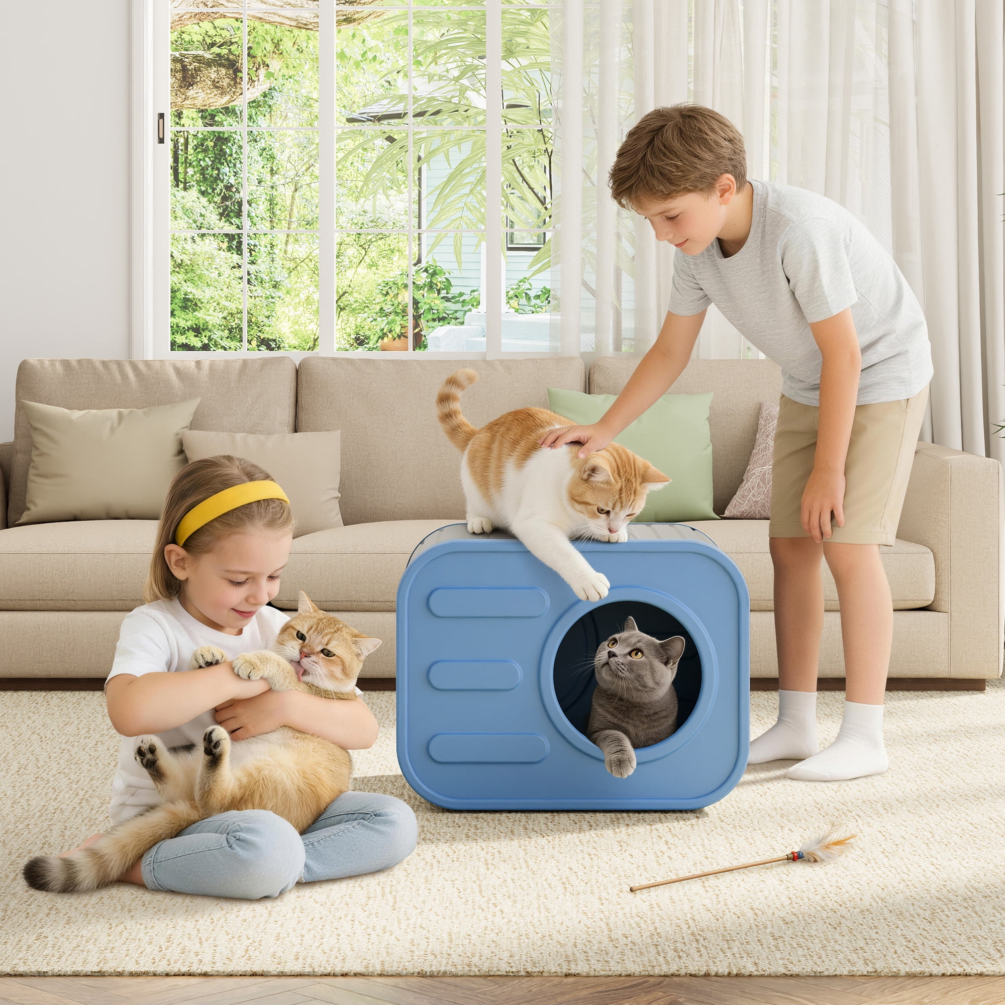 Nihsuao Weatherproof Resin Cat House, Camera-Shaped Design for Indoor & Outdoor Cats, Ventilated, Easy Assembly for Home Yard Garden, Blue