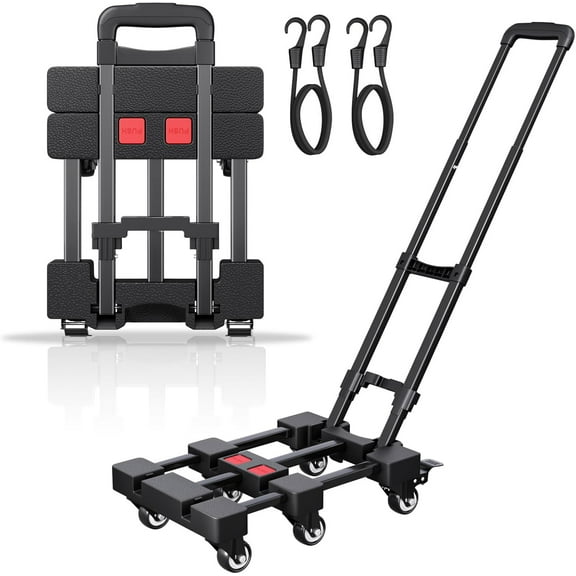 Folding Hand Truck, 500 LB Portable Dolly Cart Heavy Duty Luggage Cart with 6 Wheels & 2 Ropes for Travel, Moving, Shopping