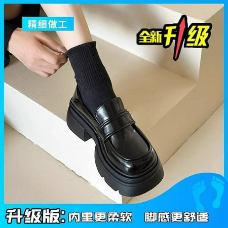 

Lefu Shoes Women‘s Thick Sole 2024 Spring and Autumn New Black Increased Shoes British Style One-Pedal Chunky Heel Shoes