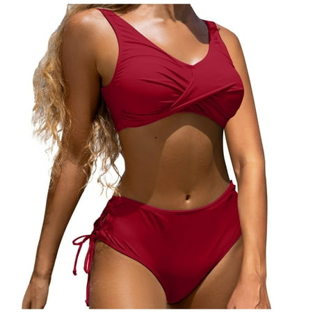 Rigardu Women s Twist Front High Waisted Bikini Swimsuit Drawstring Tie Side Bottom Two Piece Bathing Suit Women s Solid Color Fashionable Casual Strap Triangular Bikini Swimsuit Set Wine S