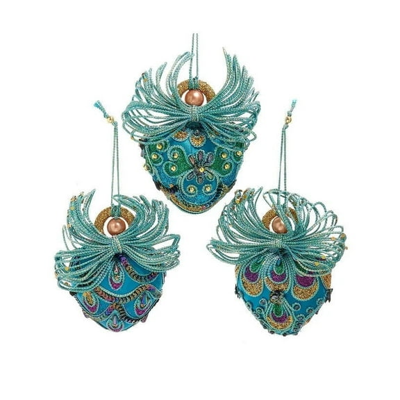Set of 3 PEACOCK FAIRY Glittered Heart Christmas Ornaments, by Kurt Adler