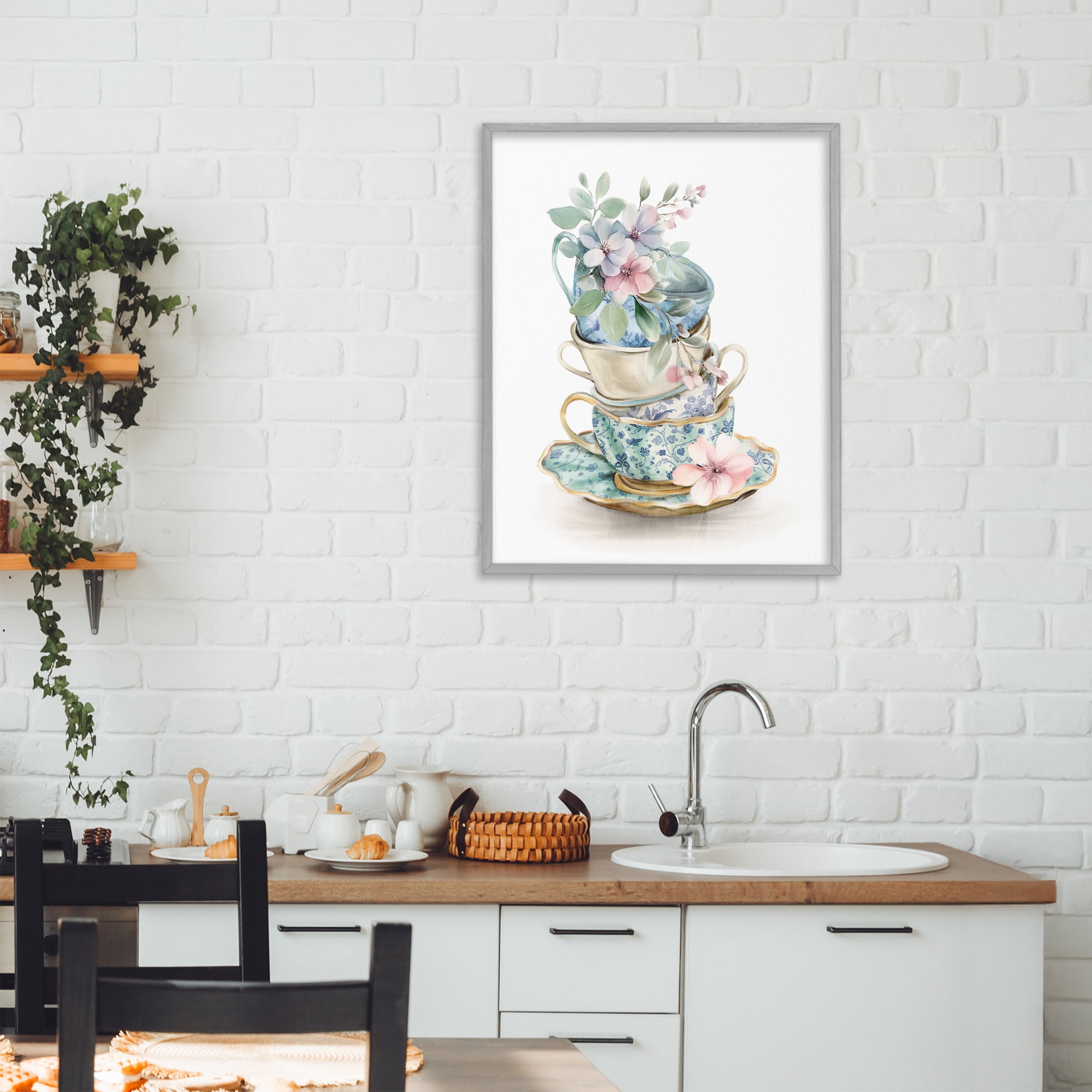 Stupell Industries Floral Teacup Chinoiserie Gray Framed Giclee Art, design by Kim Allen