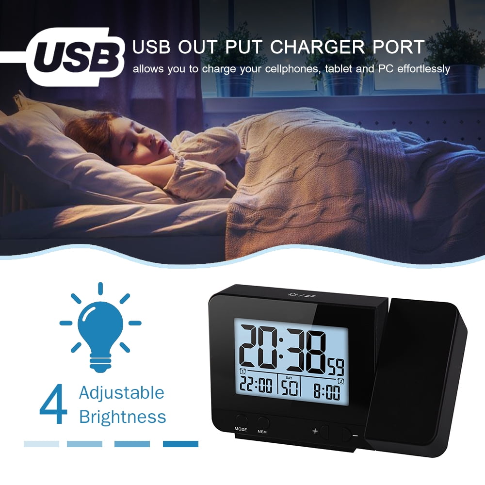 Clock Projection Alarm Clock For Bedroom With Thermometer Hygrometer Digital Project Ceiling Clock Dimmable LED Display With USB Charger 180Rotable With Dual Alarms 12/24H Snooze