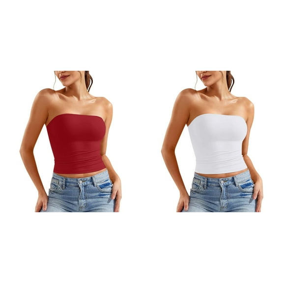 2 Pack Tube Tops for Women Womens Tube Tops Strapless Crop Tops Basic Backless Sleeveless Bandeau Going Out Cute Summer Outfits Plus Size Tube Top XS