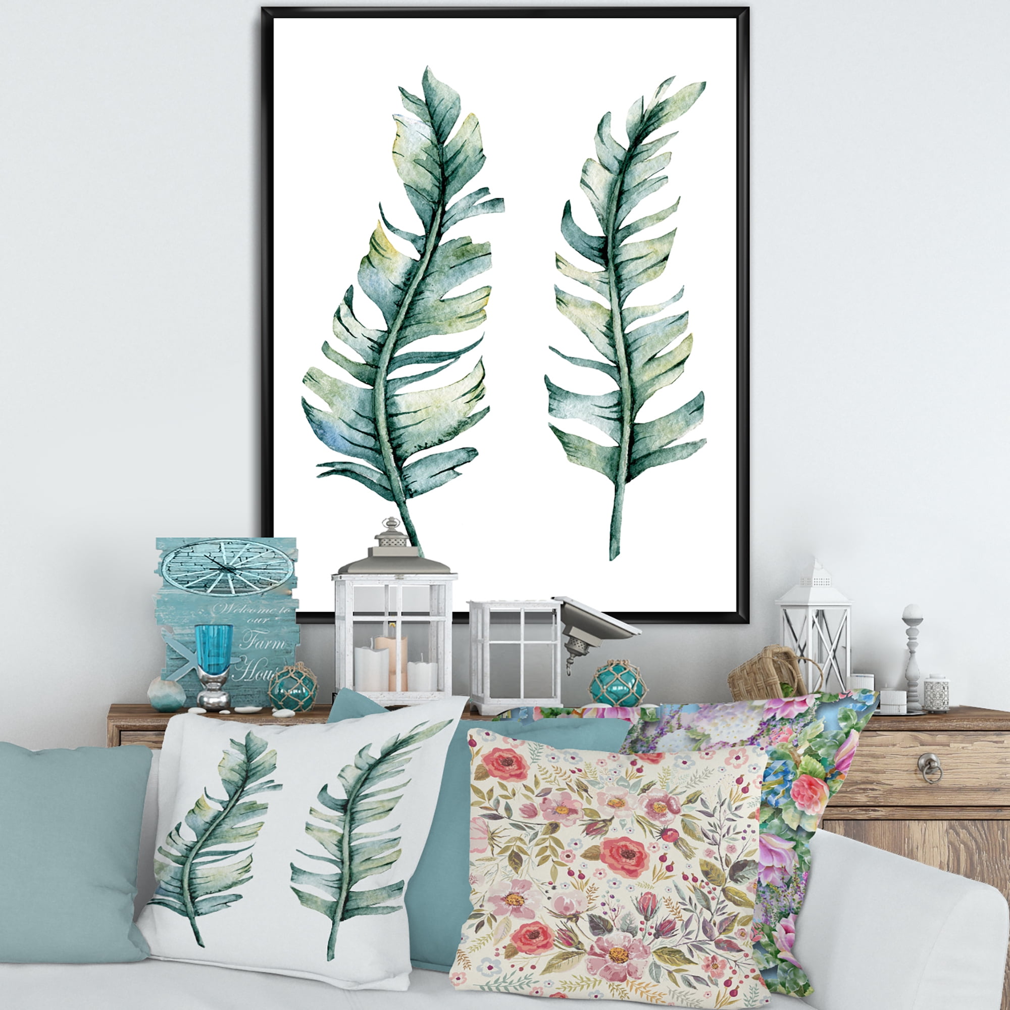 Designart 'Duo of Tropical Leaves On White' Farmhouse Framed Canvas Wall Art Print
