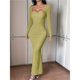 thumbnail image 4 of Vestido Informal de Larga para Mujer, con Escote Cuadrado, Suave, Ajustado, para y Otoño. Verde Hierba S, 4 of 8