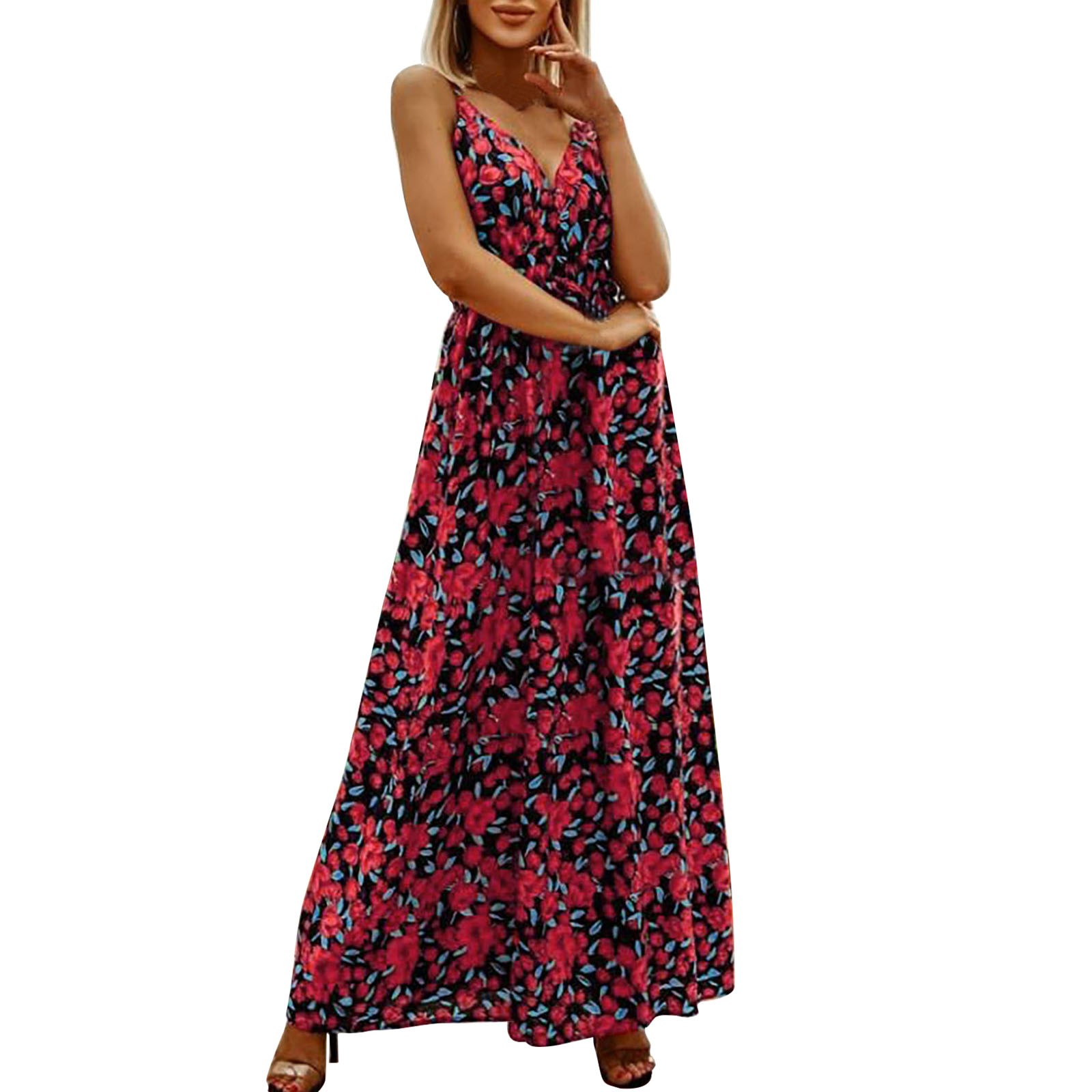 WANYNG Women's Summer Dress Floral Spaghetti Strap Sleeveless V Neck