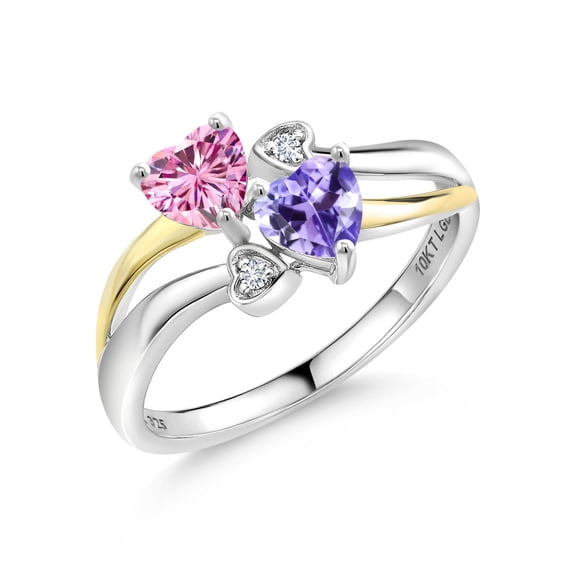Gem Stone King 925 Silver and 10K Yellow Gold Pink Moissanite and Blue Tanzanite and White Lab Grown Diamond Ring for Women (1.02 Cttw, Gemstone, Heart Shape 5MM, Size 9)