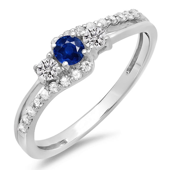 0.45 Carat (ctw) 14K White Gold Round Blue Sapphire & White Diamond Ladies 3 Stone Bridal Engagement Promise Ring 1/2 CT