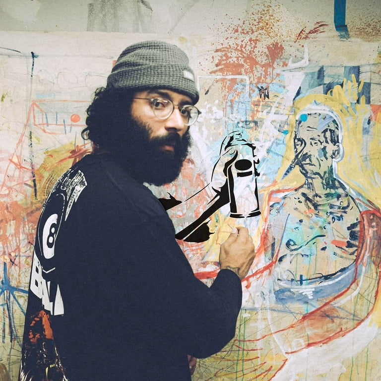 Spray paint stencil portrait of a Greek musician on