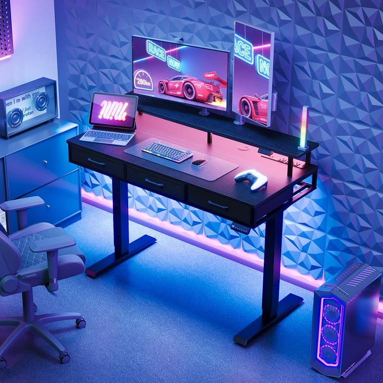 Coleshome Gamingbureau met plank en laden, 120 x 48 cm, gamingbureau met ledverlichting en geïntegreerd stopcontact, computertafel met opbergplanken en monitorhouder, zwart koolstofvezel