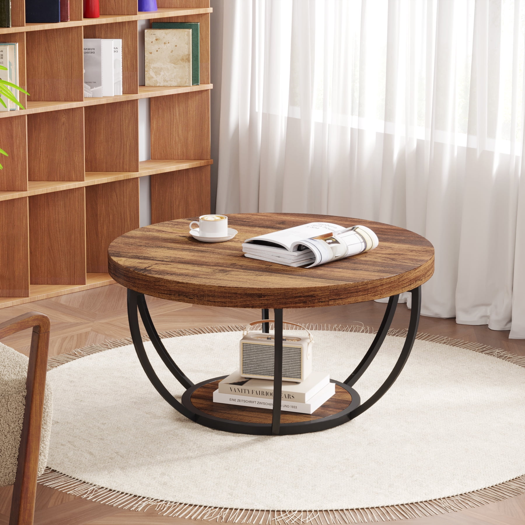 Demi Bonn Wooden Coffee Table, 2-Tier Round Central Cocktail Table with Shelves for Living Room, Rustic Brown