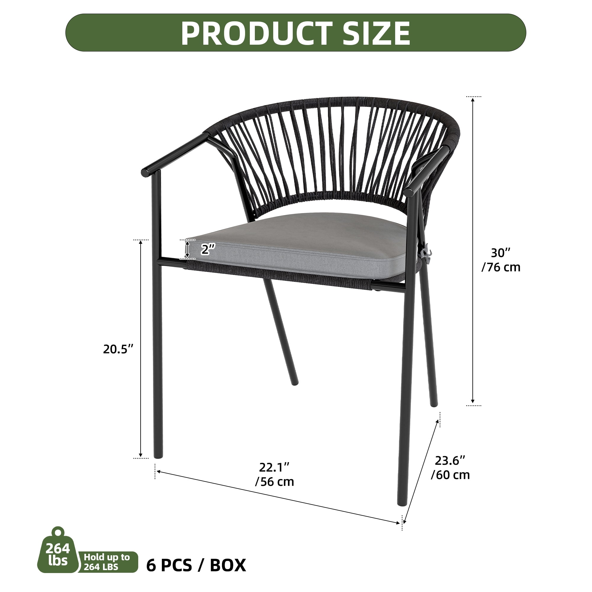 Uforic 6-Piece Outdoor Patio Dining Chairs with Cushion, Stackable Patio Chairs for Garden, Backyard, or Poolside,Gray