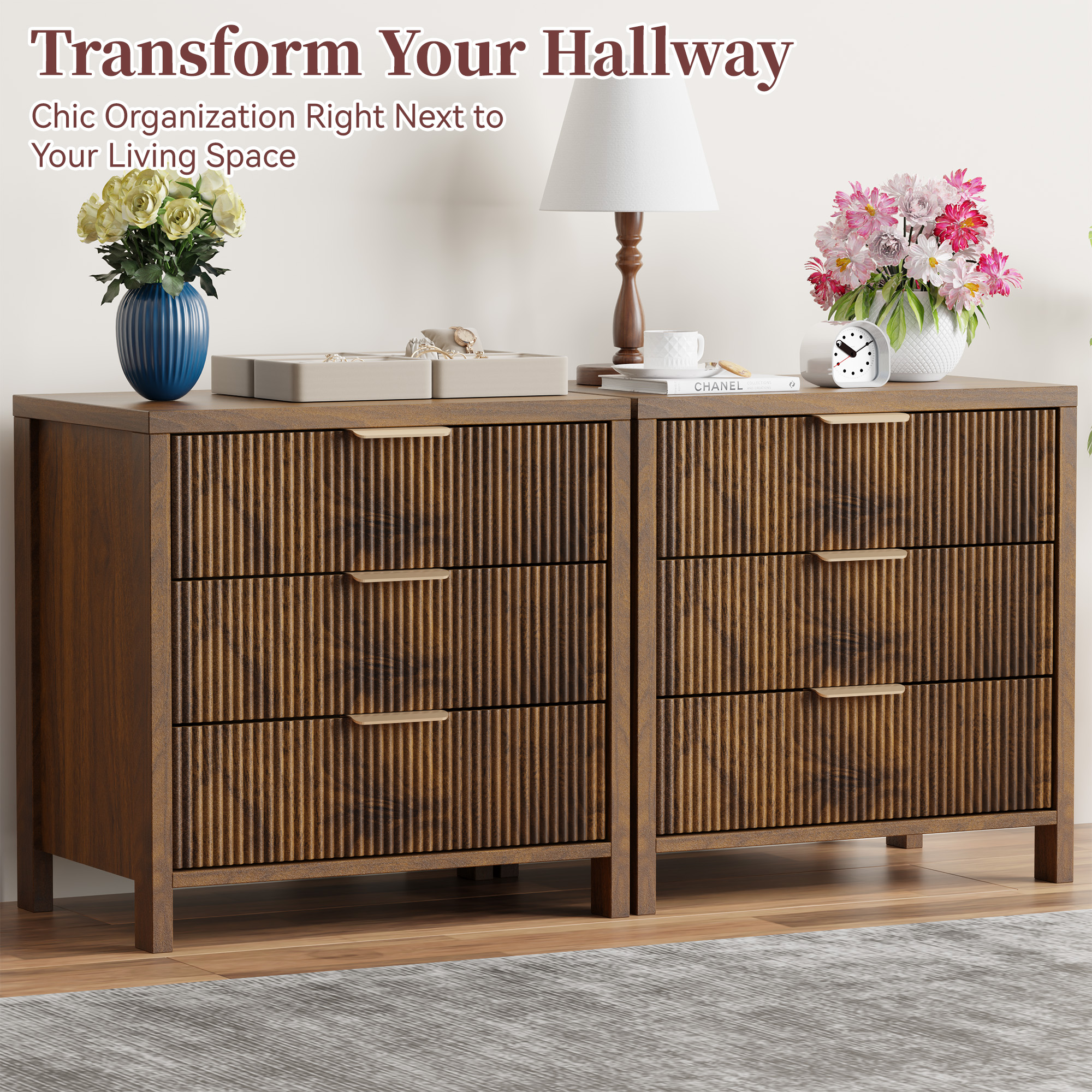 Fluted Nightstand Set of 2 with 3 Drawers, Mid-Century Modern Bedside Table, 23.7'' Wide Wood End Table for Bedroom, Walnut Finish