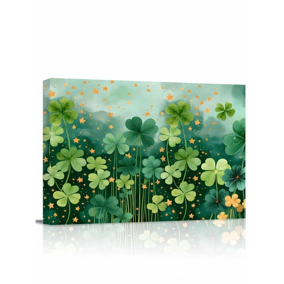 Saint Patrick's Day Canvas Print Wall Art Spring Green Lucky Shamrocks Gold Stars Gradient Green Pictures Painting Morden Artwork for Living Room Bedroom, Ready to Hang - 12"x16"