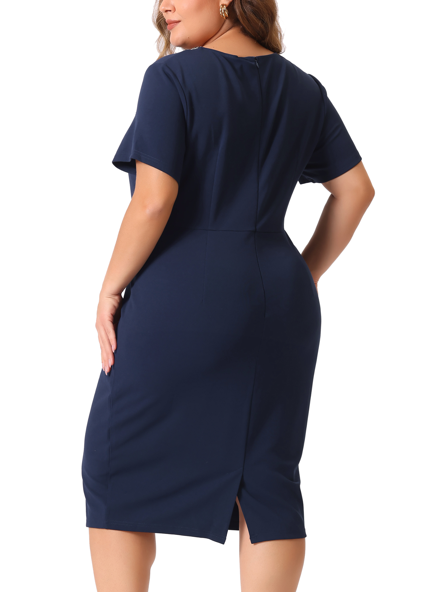 DARING DIVA Plus Size Button Crew Neck Bodycon Pencil Dress 1X Navy Blue