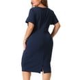 thumbnail image 4 of DARING DIVA Plus Size Button Crew Neck Bodycon Pencil Dress 1X Navy Blue, 4 of 6