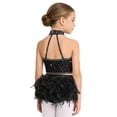 thumbnail image 4 of Raenseen Kids Girls Jazz Latin Dance Outfits Rhinestones Crop Top with Feather Briefs Skirt Black 8, 4 of 6