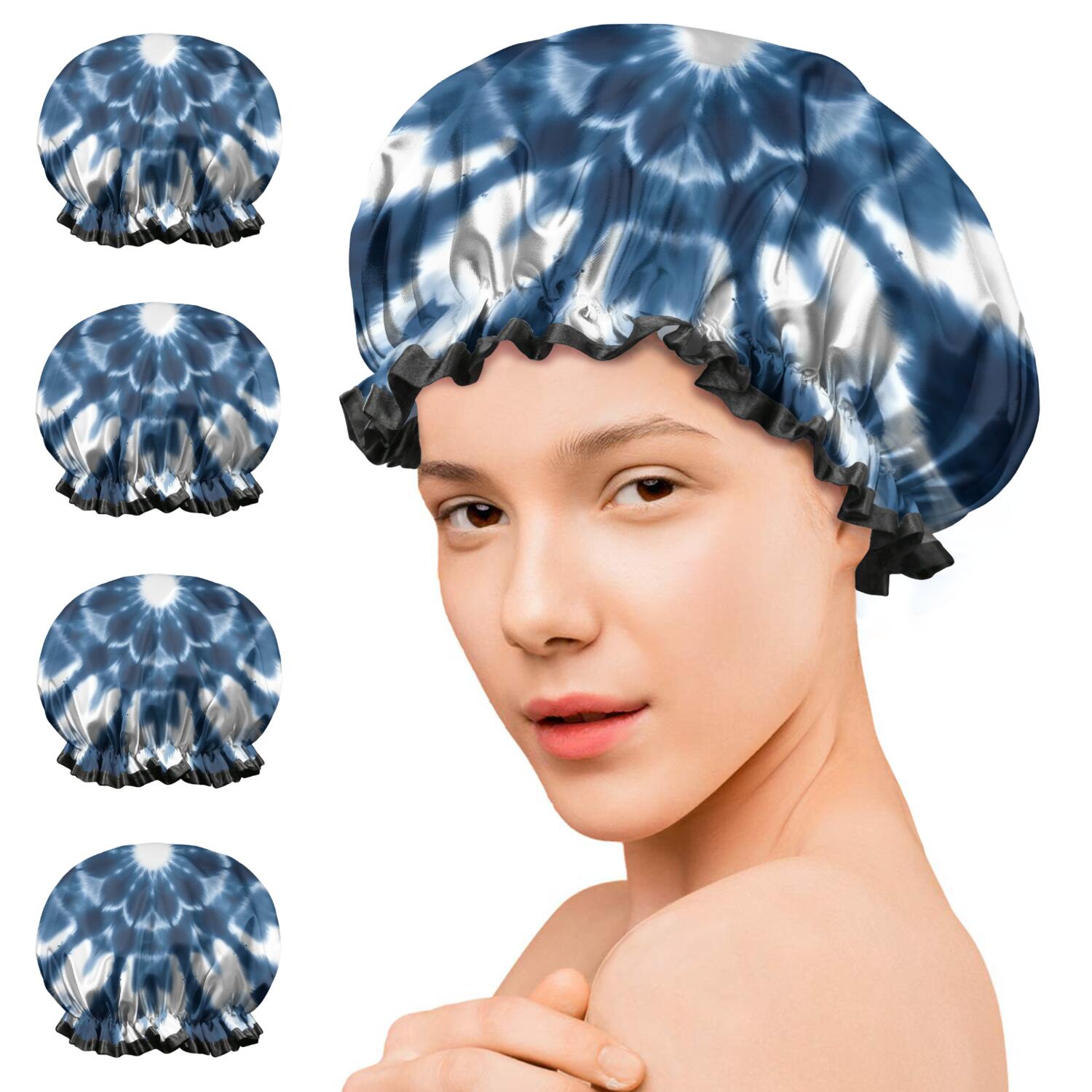 Shower Caps,Blue Tie Dye Flower Mandala Pattern Waterproof Shower Cap for Women 4 Pieces,Double Reusable Hair Cover for Shower PEVA Elastic Stretch Hem