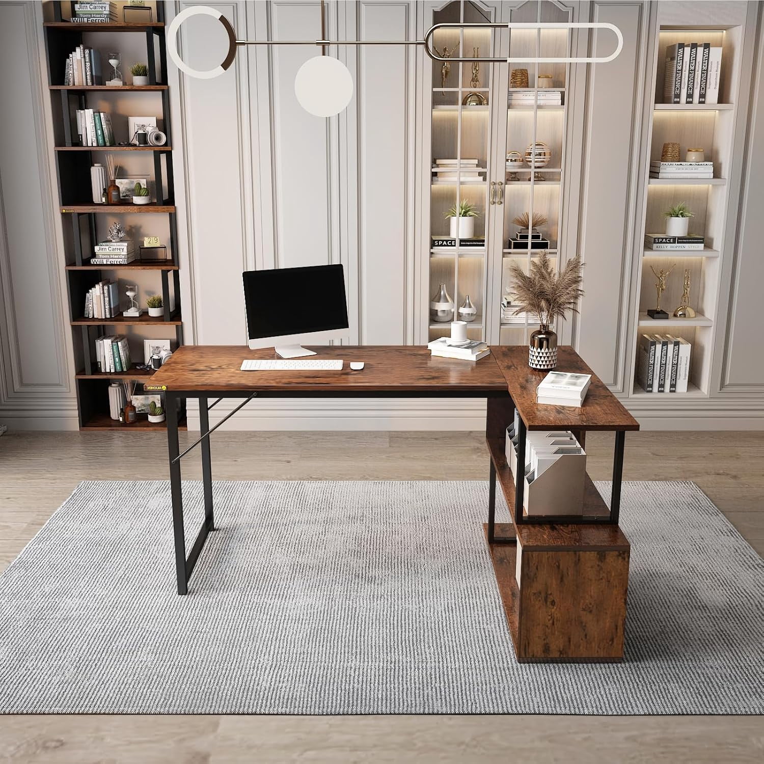 L Shaped Computer Desk with 2 Shelves Bookshelf, Modern Corner Computer Desk with Storage, Office Desk Study Table Writing Desk for Home Office