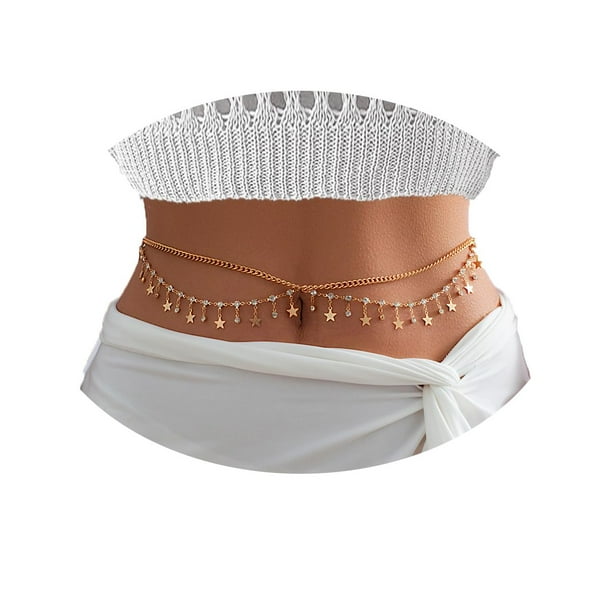 Cadena de vientre con borla ondulada sexy y diamantes de imitación de 27 a 37 pulgadas para mujeres y niñas, cadena de cintura chapada en oro de 18 quilates, playa de verano ajustable