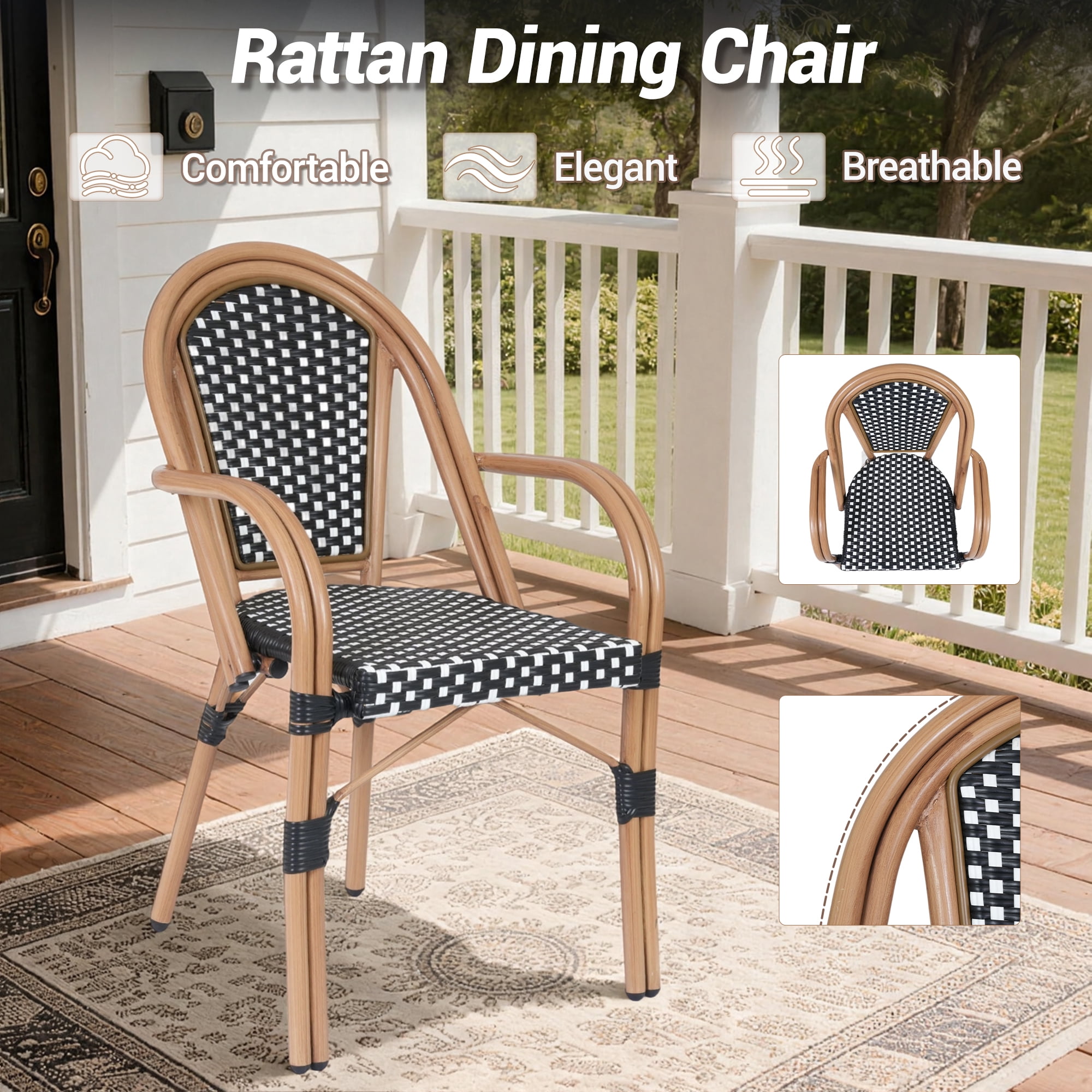 DELMANGO Metal & Faux Rattan Bistro Chairs, Stackable Patio Chairs, Outdoor Dining Armchairs, White/Black (Set of 2)