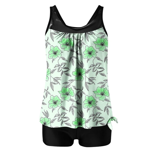 Traje de Baño de Mujer con Pantalones Cortos de Cintura Alta Impreso Traje de Baño de Dos Piezas, Traje de Baño de Torso Largo con Almohadillas Extraíbles Y Correas Ajustables, Set de Ropa de Playa d