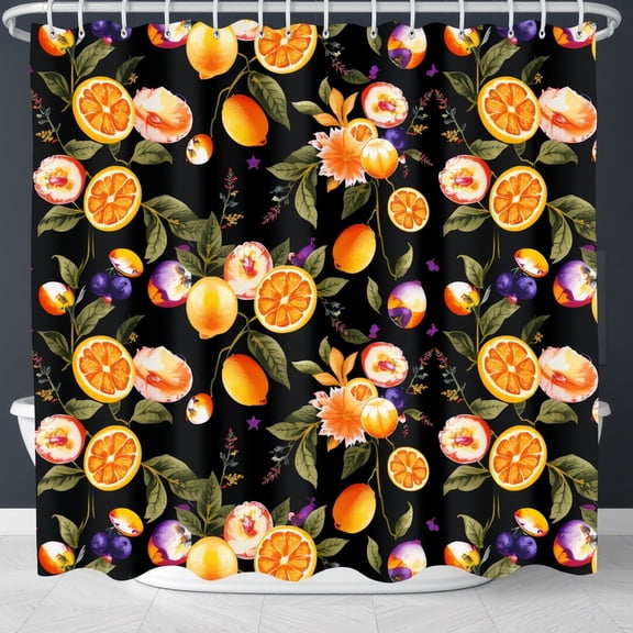 Tropical Fruit Shower Curtain - Black with Orange, Lemon & Peach Design