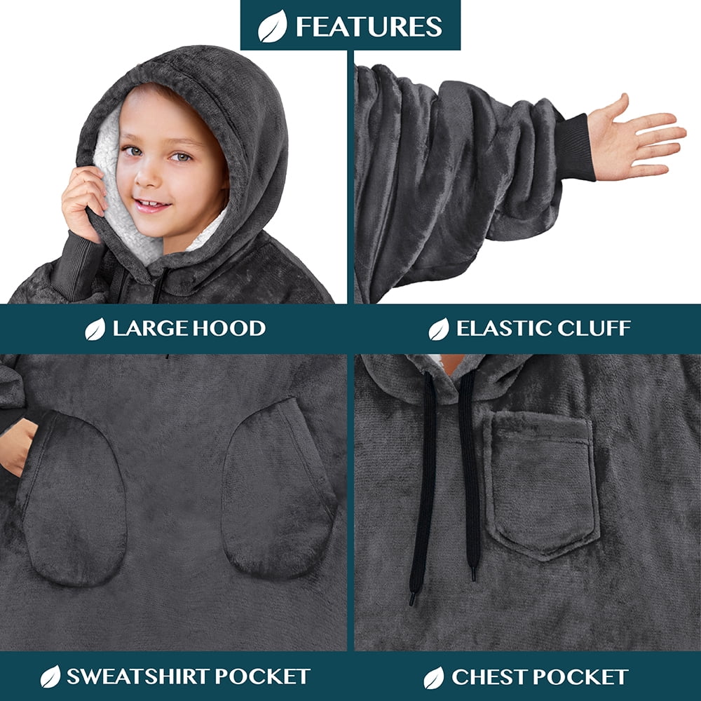 PAVILIA Wearable Blanket Sweatshirt for Kids Boy Girl, Warm Cozy Giant Hoodie with Two Pockets and Long Sleeves, Fleece Sherpa Oversized Hooded Blanket Pullover Gift for Teens Youths, Gray