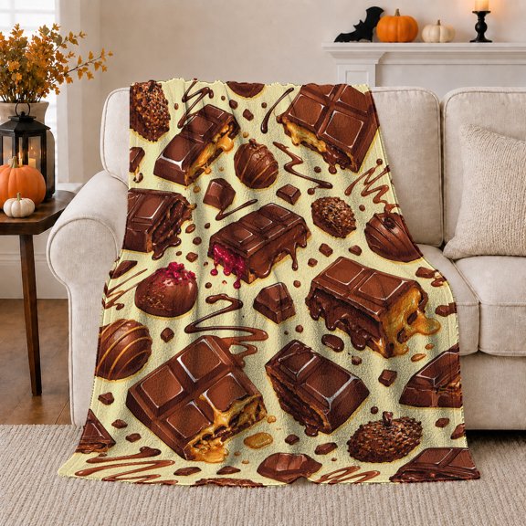 Chocolate Bar Scatter Pattern Realistic Illustrations Birthday, Cozy Friendship Quote Scene, Warm Flannel Blanket for Living Room and Reading Nook, Art Lovers Friendship Gift, Artistic Home Decor