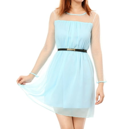Unique Bargains Women's Round Neck Style Dots Pattern Detail Casual Dress Light Blue (Size XL /