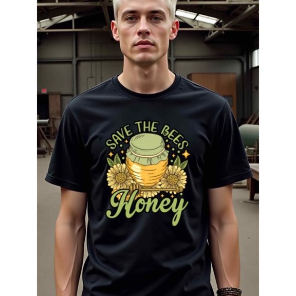 Greenink natee Save the Bees Honey - Eco-friendly Graphic Tee, Men's T-Shirt,100% Cotton Fabric,Crew Neck,Short Sleeve,Regular Fit,All-Season Casual Wear,180gsm-Ideal for Valentines