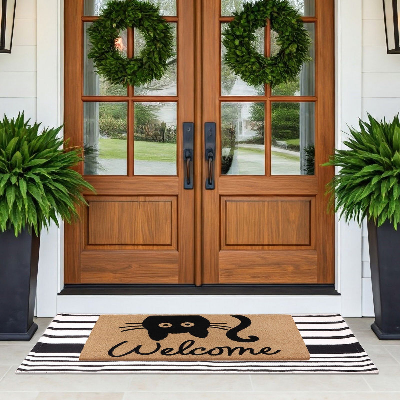 A1HC Coir Welcome Mat and Black & White Striped Cotton Rug Combo Set, 24"x36" & 24"x51", Hand-Woven Washable Entryway Décor