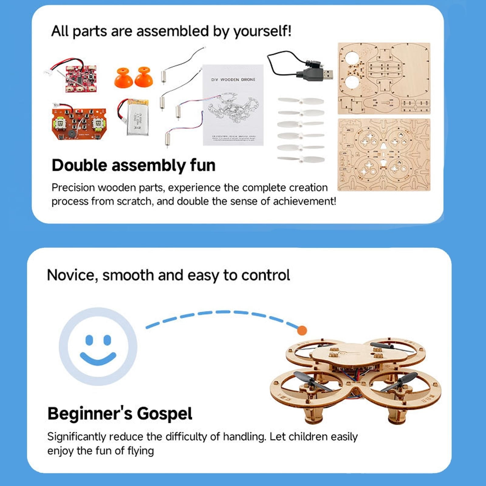 Diy Wooden Quadcopter Rc Drone Kit, 4-Axis Stable Flight, Learning Stem Toy For All Ages & S