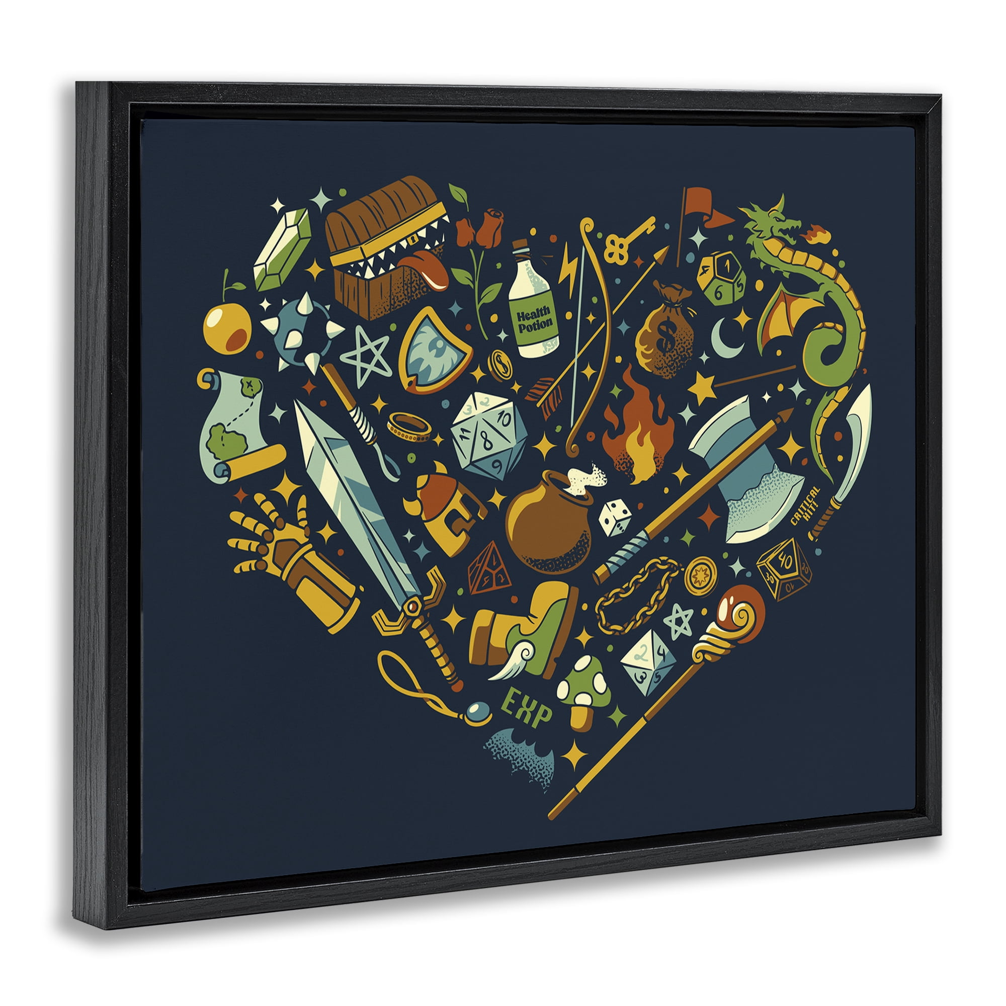 Stupell Industries Board Game RPG Trinkets Black Framed Floater Canvas Wall Art, design by Tobe Fonseca