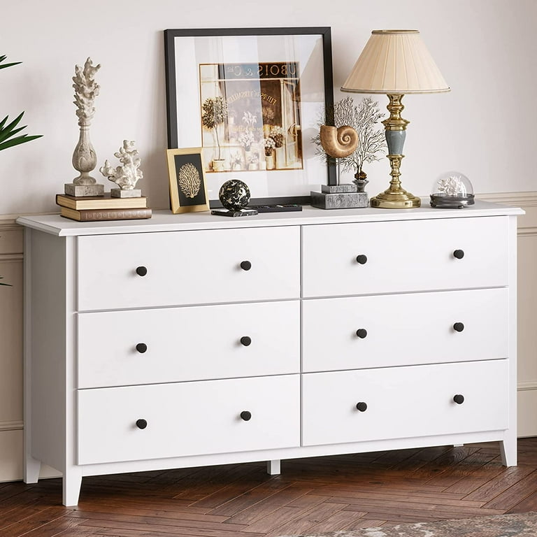 6 Drawer Dresser for Bedroom with Wide Drawers and Metal Handles for Living Room Hallway Entryway White