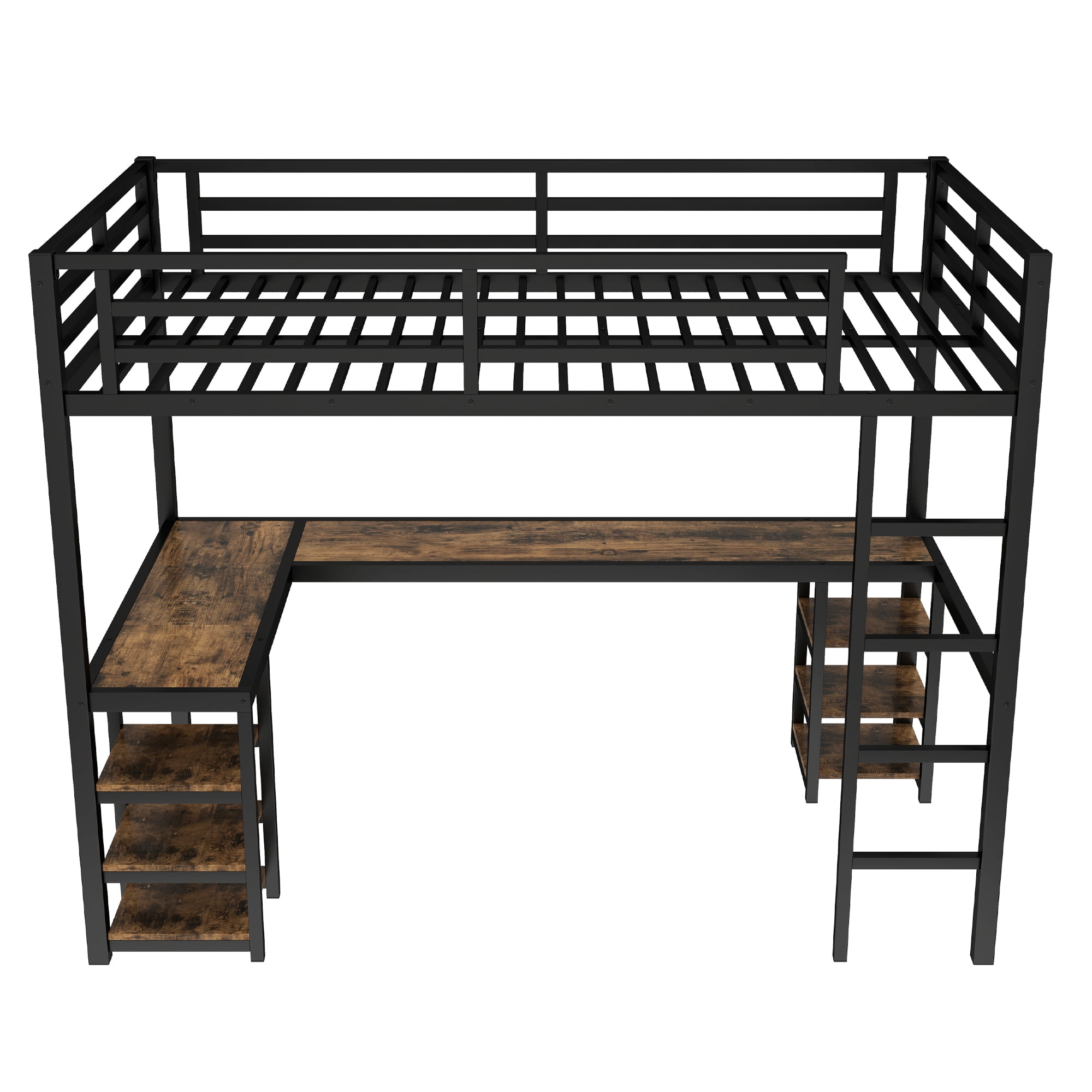Mintazer Twin XL Loft Bed with Desk & 6 Shelves, Metal Bed Frame with Ladder and Guardrails for Kids Teens Bedroom Playhouse, Black