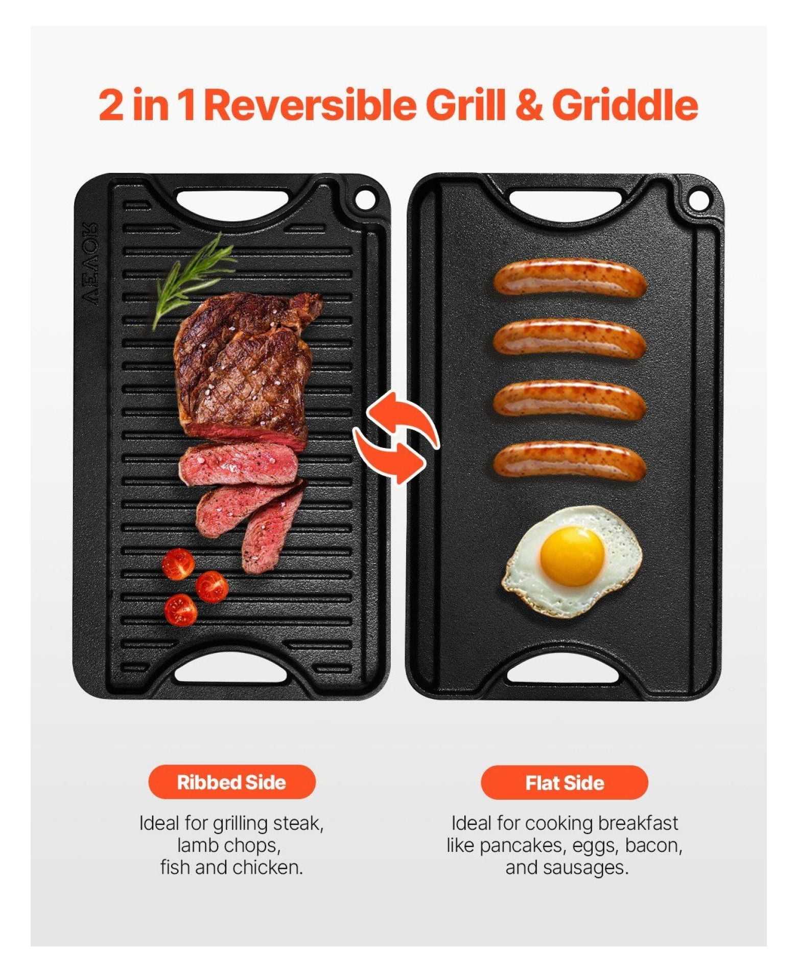 Cast Iron Grill Griddle Reversible 14x8.5 Inch - Pre-Seasoned BBQ Pan for Stovetop, Gas, Electric - Indoor & Outdoor Cooking