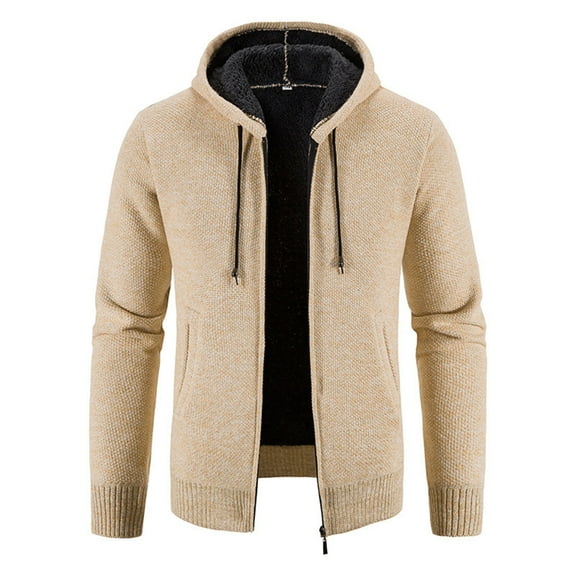 Kixjoy Mens Cardigan Sweater Zip Up Fleece Knit Cardigan Long Sleeve Casual Big and Tall Hoodies Winter Thermal Outwear Mens Pullover with Pockets, Beige L