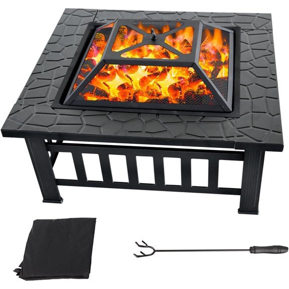 32" Fire Pit Table with Mesh Lid, Wood Burning Fireplace/Firepit with Poker and Accessories