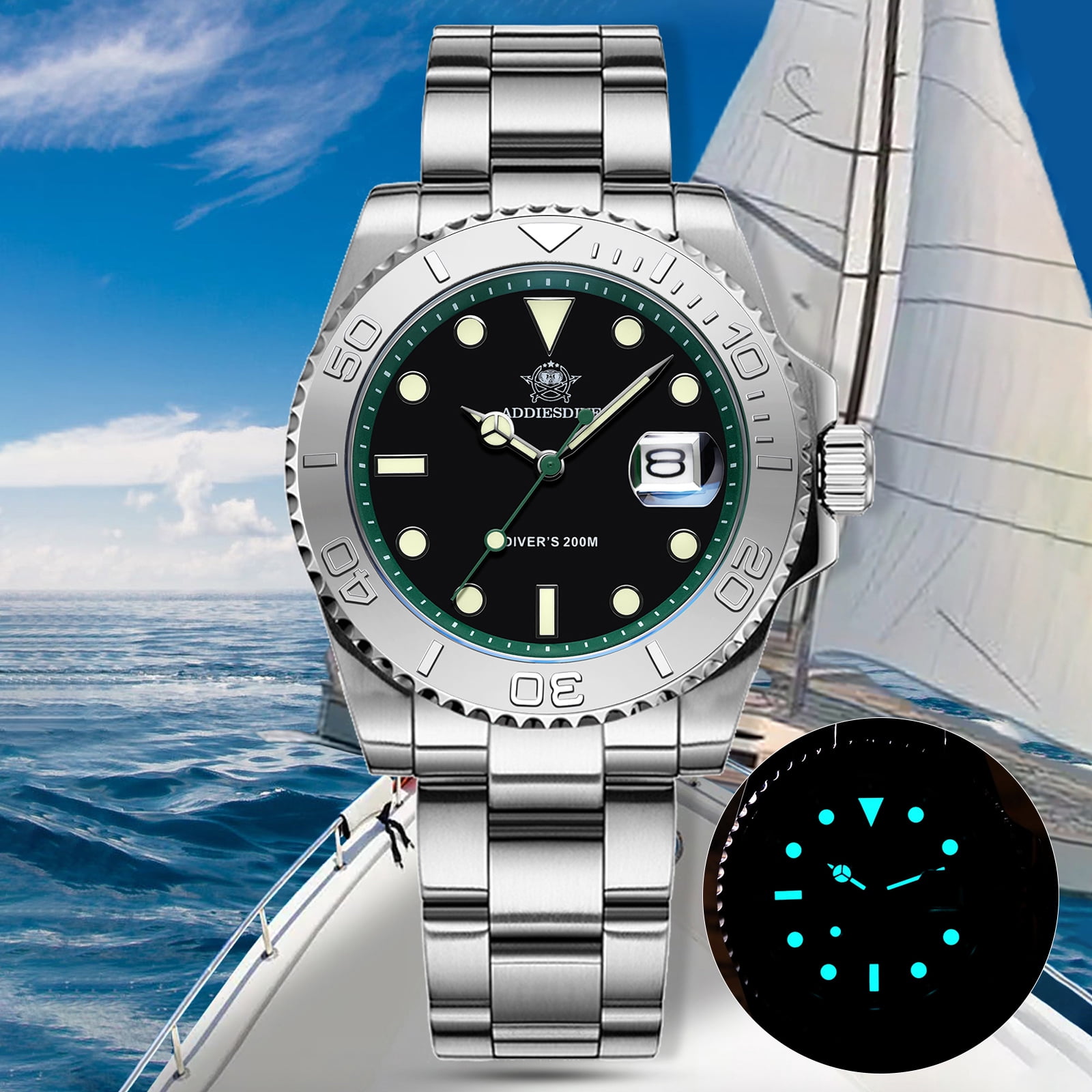 ADDIESDIVE Men’s Dive Watch 200m Waterproof - Japanese Quartz Movement, Stainless Steel with Ceramic Bezel & Super Luminous BGW9 Dive Watch for Men