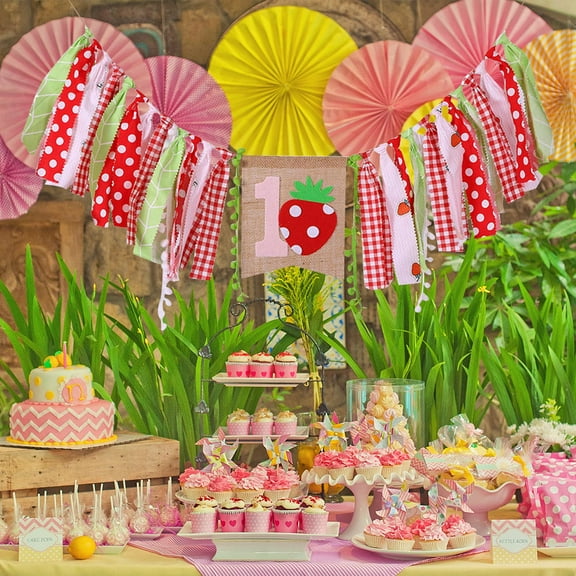 GOOHOCHY Banner Flag with Strawberry for Birthday Party and Banquet Decorations