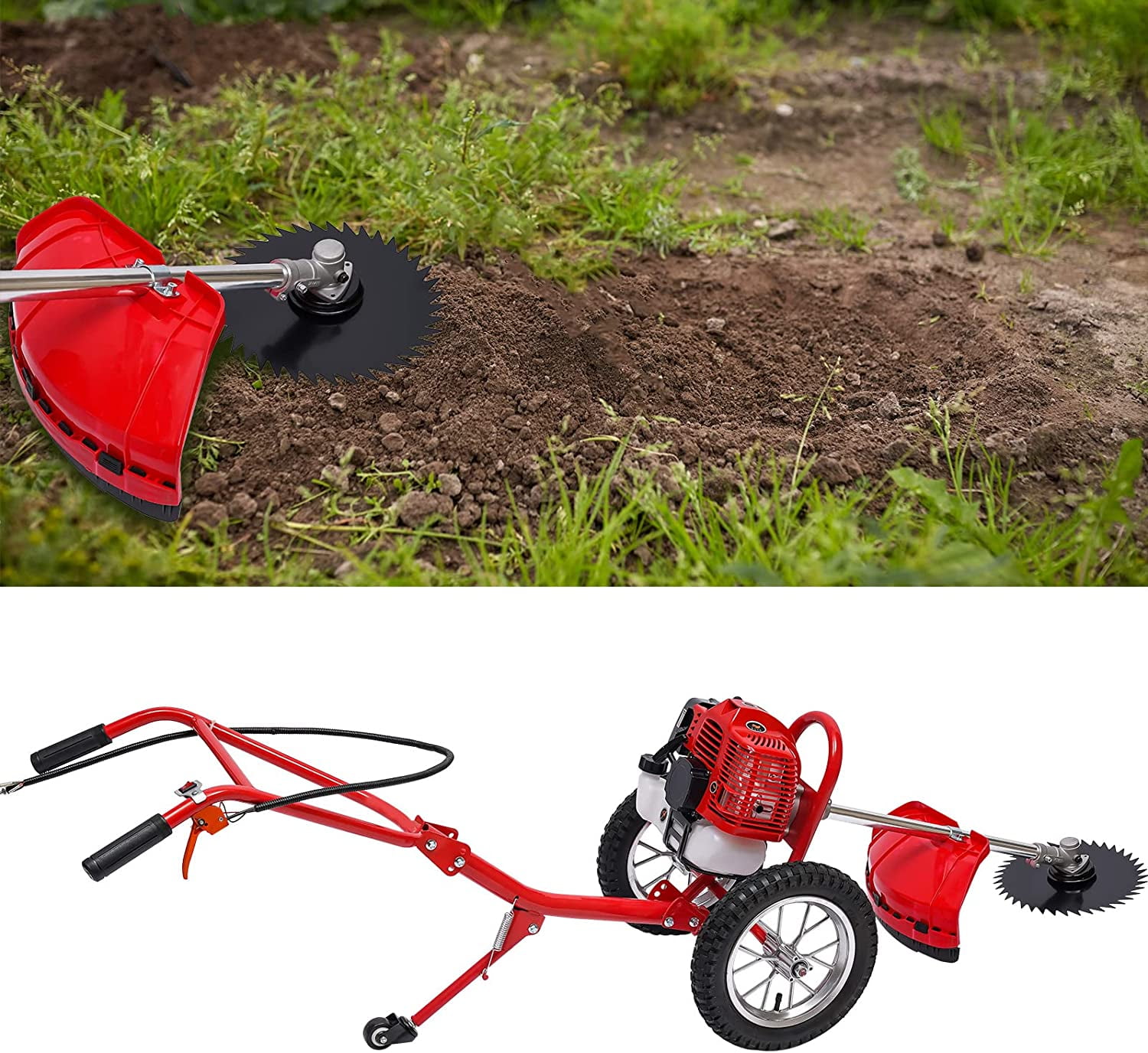 FETCOI 2-Stroke Push Lawn Mower Gas Powered 49CC Single-Cylinder Hand Push Lawn Mower with Wheels,Height Adjustable Gas Powered Push Lawn Mower 1.8KW 6500-7000r/Min
