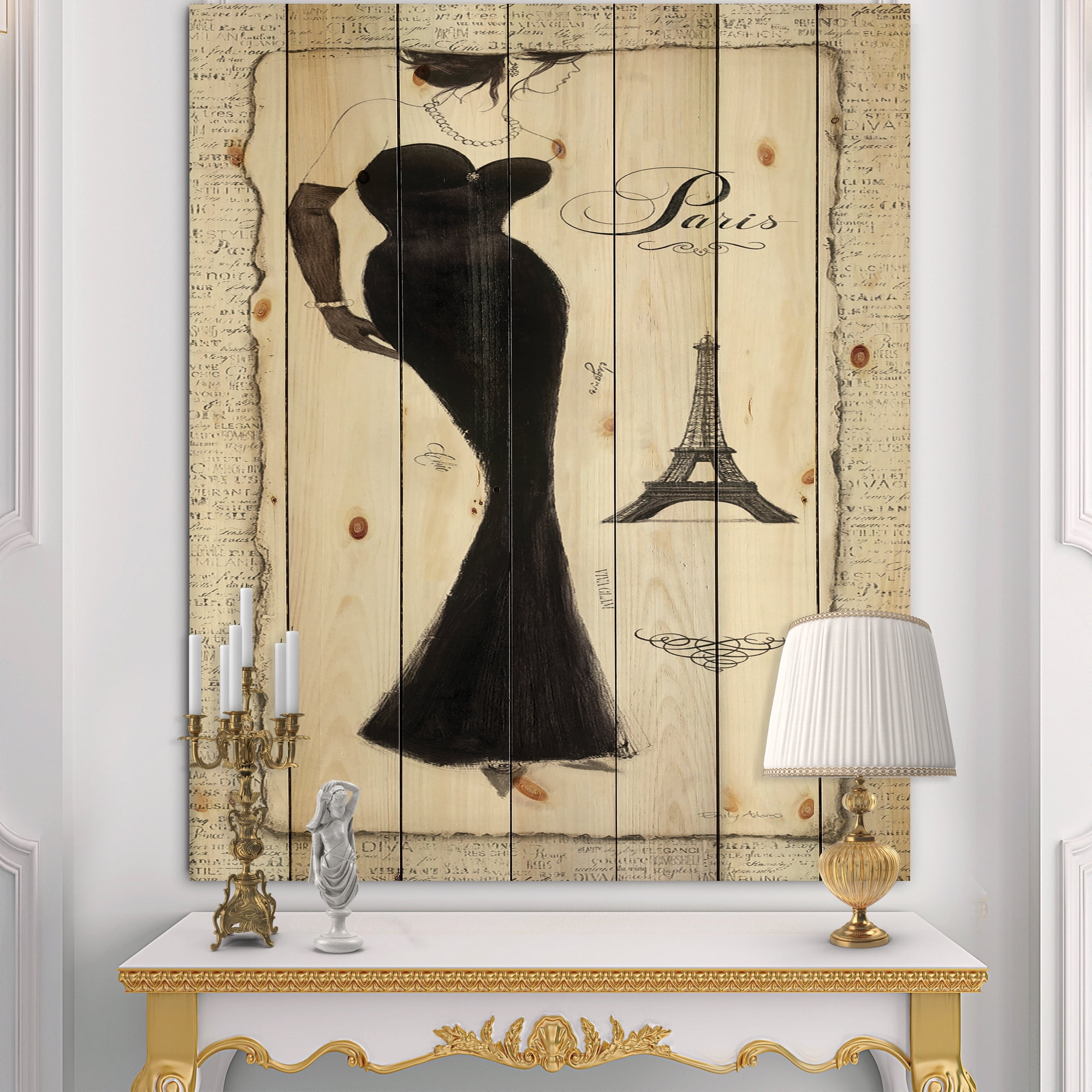 Designart 'Elegance Glam Paris Diva I' Fashion Print on Natural Pine Wood