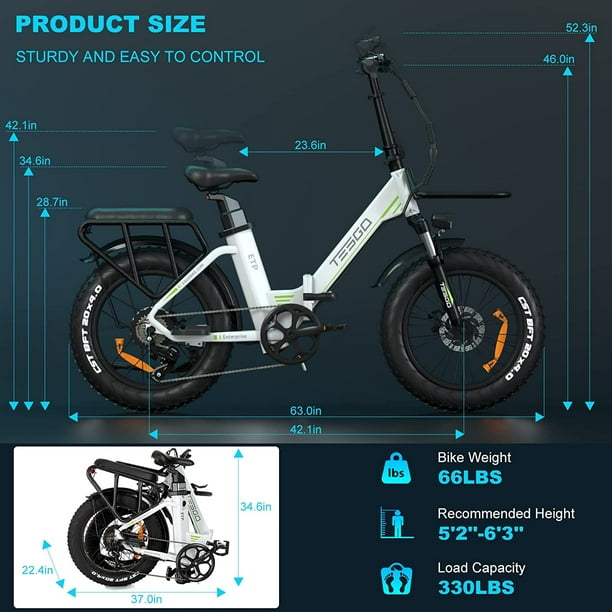 Vélo électrique TESGO 750W 20'' pour adultes, batterie amovible 48V 18Ah  4.0 Fat Tire Ebike, Snow City E Bike, Shimano 7 vitesses 28Mph avec écran  LCD couleur 【Porte-bagages avant inclus】 