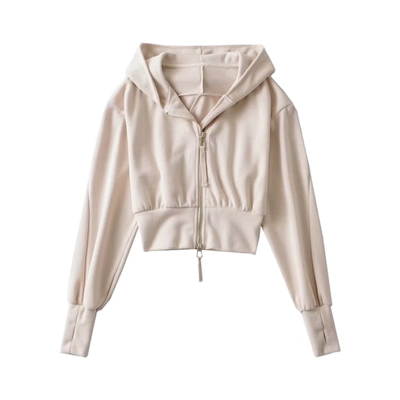UJNDER Women's Cropped Sweatshirt Loose Fit Long Sleeve High Waist Double Zipper Hooded Jacket Style Beige M