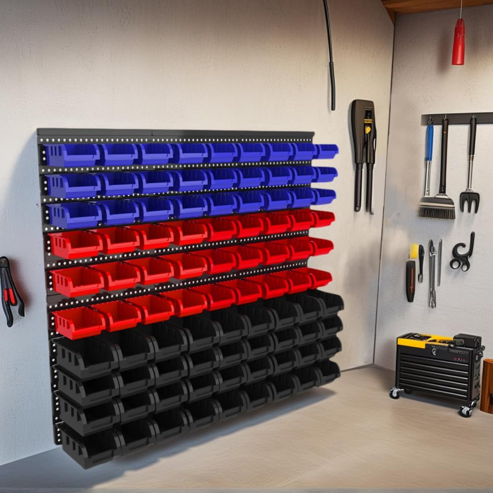 Extra Large 90PCS Wall Mounted Storage Bins Organizer, Plastic Screw & Bolt Storage Rack with Pegboard, Nut & Hardware Organizer for Garage, Workshop, Craft Room (Red & Black& BLue)