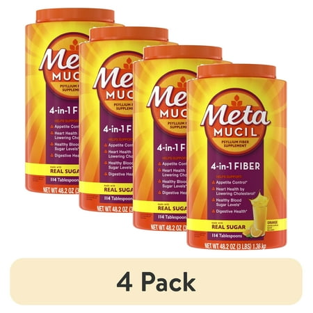 (4 pack) Metamucil Fiber Supplement, Sugar Psyllium Fiber Powder for Digestive Health, Orange, 114 Servings