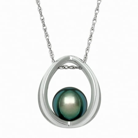 - 9-10mm 3/4-Cut Tahitian Black Pearl Sterling Silver Cage Pendant, 18