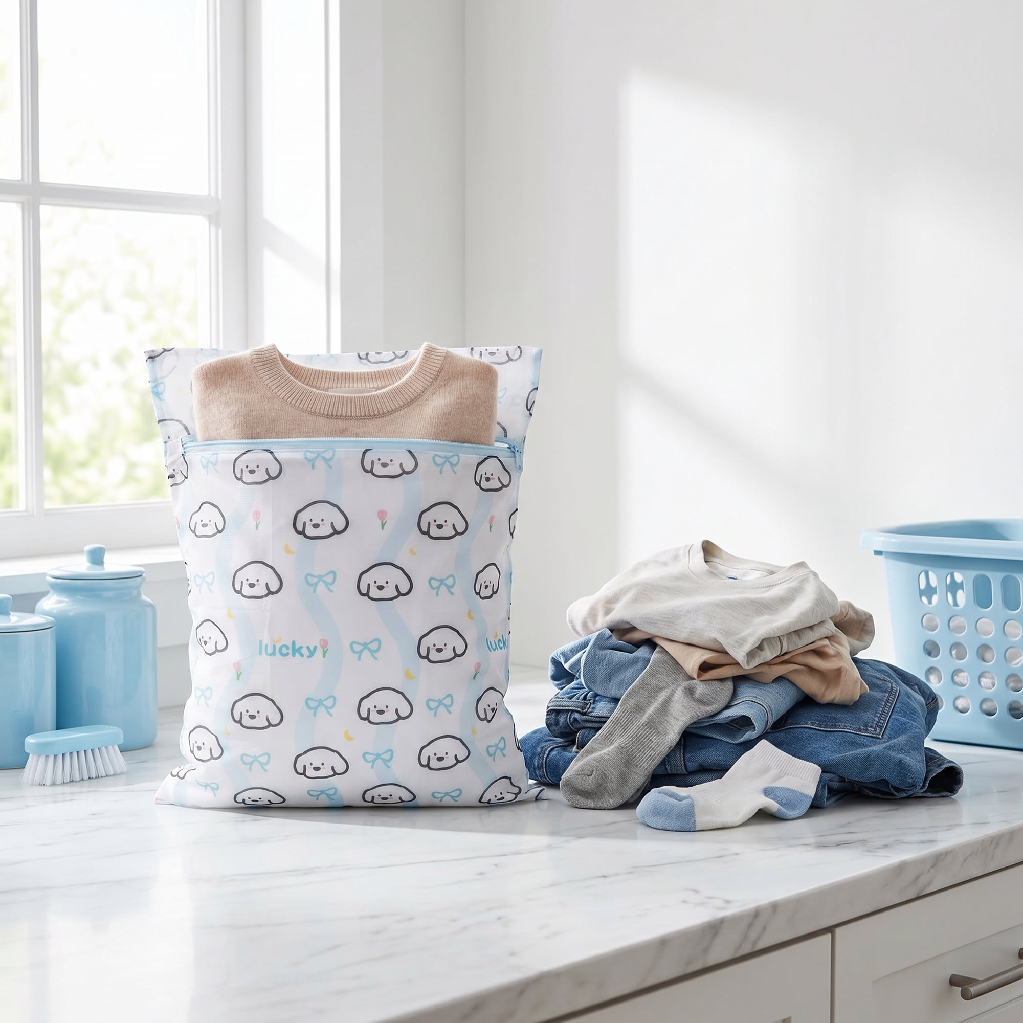 Unique Bargains 2Pcs Durable Mesh Zipper Closure Laundry Bags Blue 15.7" x 19.7"
